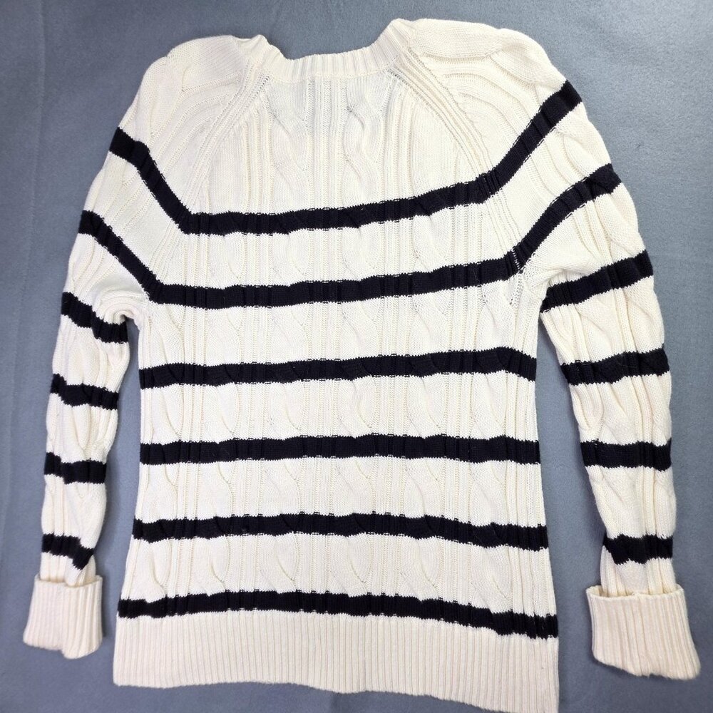 Talbots Sweater Womens M Petite White Blue Striped Cable Knit Nautical Preppy - Picture 10 of 10